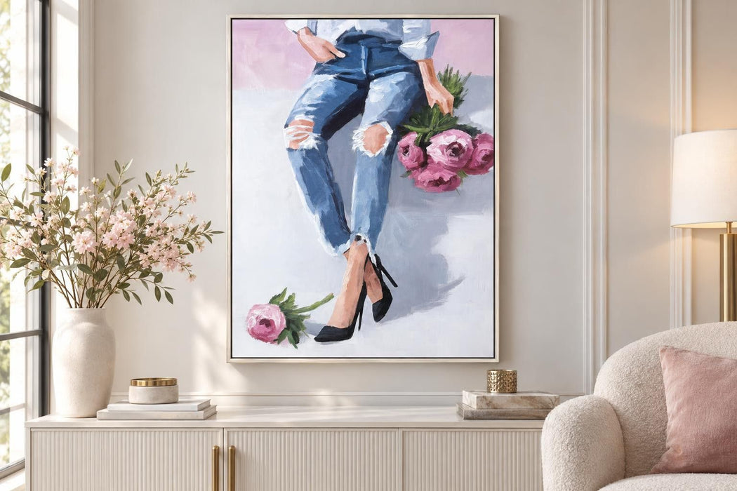 Denim And Peonies II - 36 X 48 - Hand-Embellished Canvas In Frame - Blue