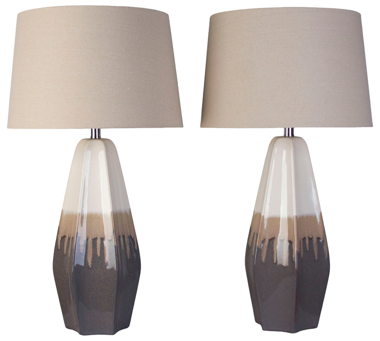 Ashen Cascade - 32 X 17 - Ceramic Table Lamp (Set of 2) - Ivory Mushroom Charcoal Drip Glaze