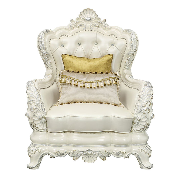 Adara - Chair With 2 Pillows - Pearl White Synthetic Leather & Antique White