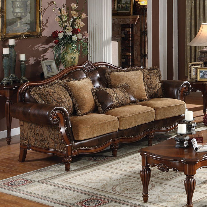 Dreena - Sofa With 5 Pillows - Two Tone Brown Synthetic Leather & Chenille Cherry