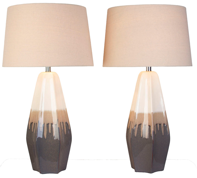 Ashen Cascade - 32 X 17 - Ceramic Table Lamp (Set of 2) - Ivory Mushroom Charcoal Drip Glaze