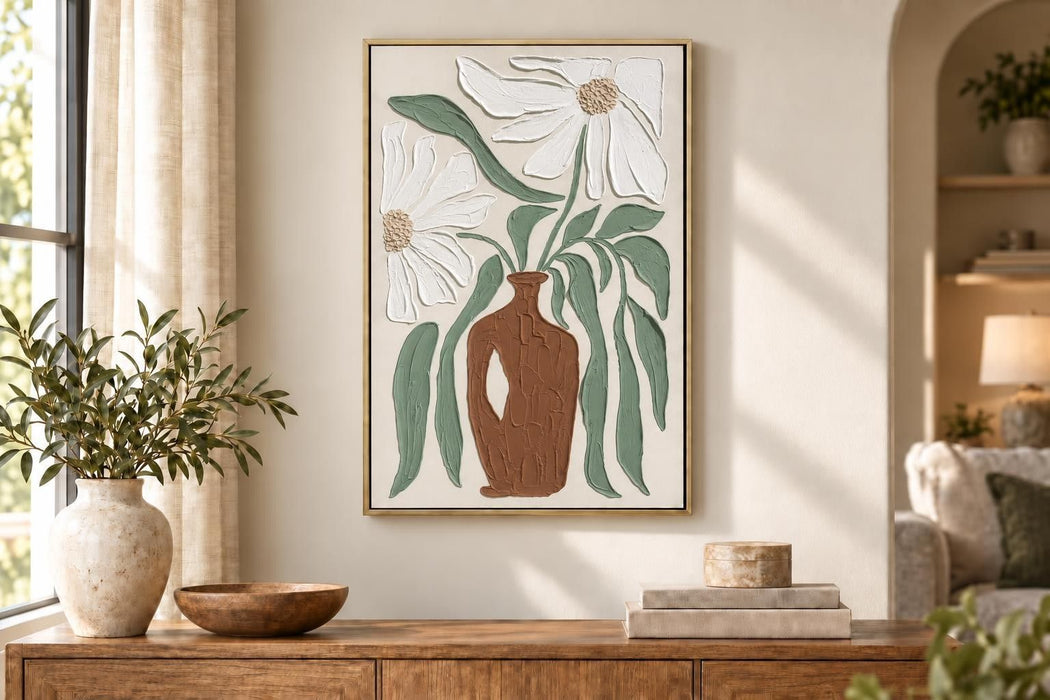 Clay Vessel Blooms II - 24 X 35 - Hand-Painted Canvas In Frame - Textured, White, Sage Green, Terracotta Brown, Beige, Champagne Frame