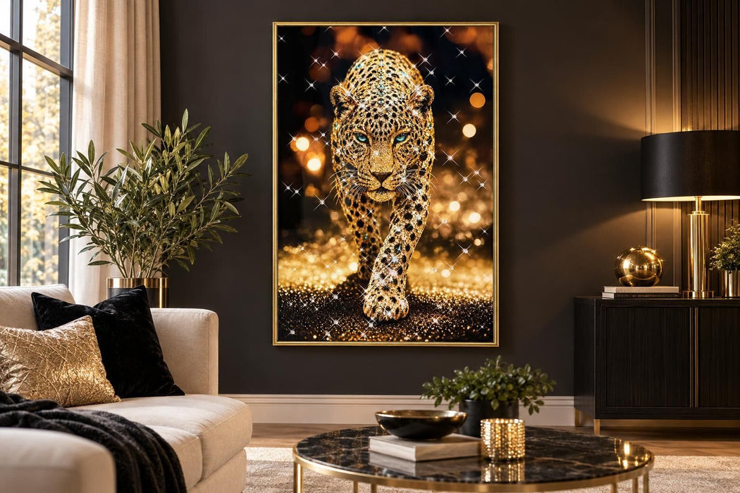 Gilded Leopard Stride - 32 X 47 - Gloss With Foil & Rocks In Frame - Gold, Black