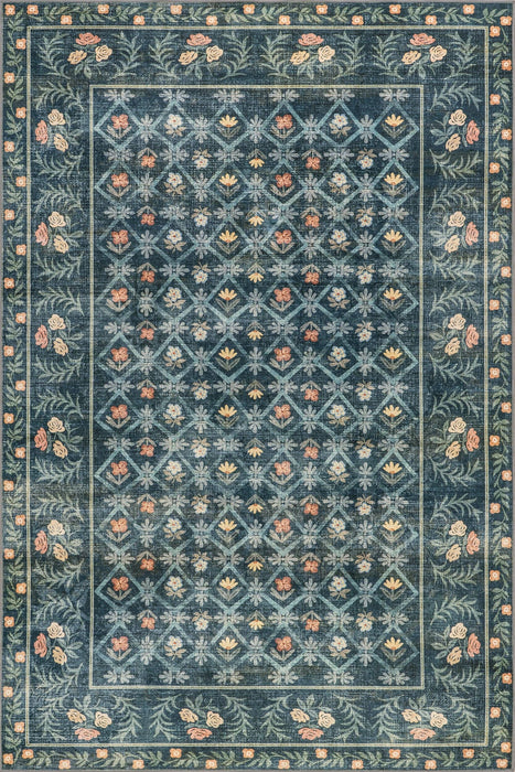NuLOOM Valley Floral Washable Area Rug: Teal / Rectangle / 5' x 8'