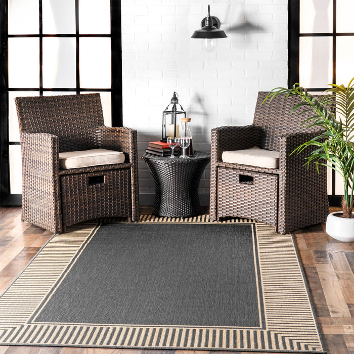 Asha Simple Border Indoor/Outdoor Area Rug: Dark Grey / Runner / 2' x 8'