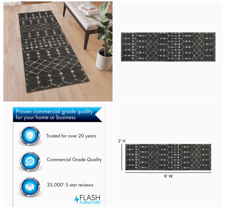 Size 2x6 Dark Gray & Ivory Geometric Bohemian Area Rug
