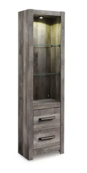 Wynnlow Gray Entertainment Center Pier – w/Glass Shelves