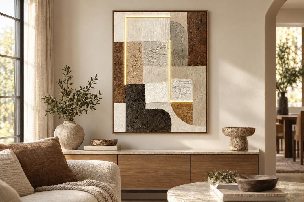 Earthen Circuit I - 35 X 47 - Hand-Embellished Neon Canvas In Frame - Beige