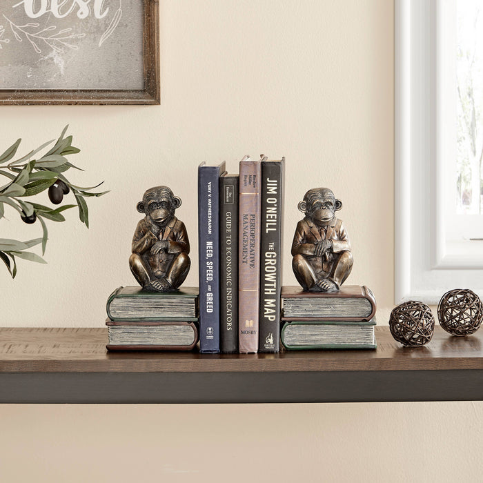 Monkeys on Books Polyresin Antique Finish Bookend Set of 2