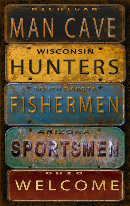 Framed - License Plate Man Cave By Jean Plout - Light Brown