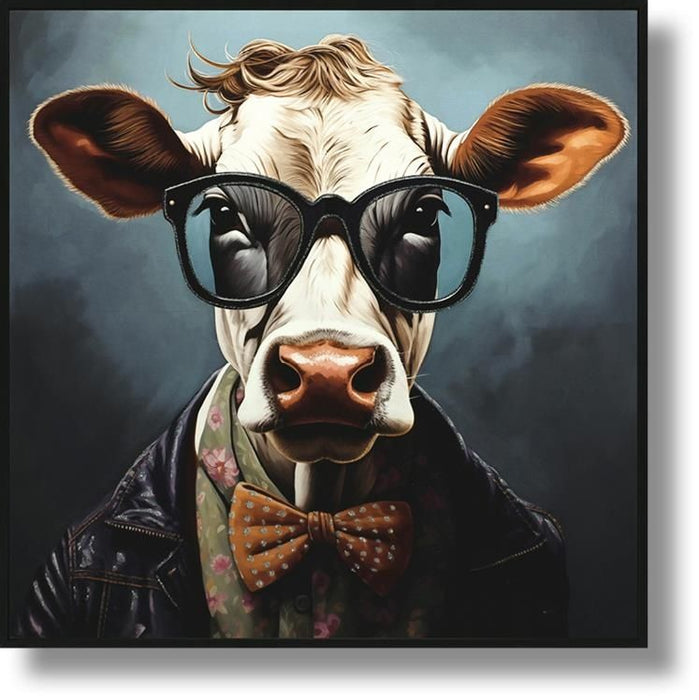 Hipster Bowtie Bovine - 25" x 25" Framed Wall Art - Dark Gray