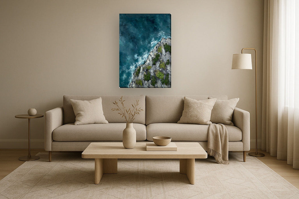 Coastal Passage II Hand-Painted Wrapped Canvas With Faux Moss - Teal / Gray