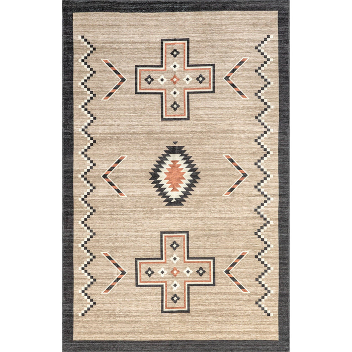 Colbie Tribal Machine Washable Area Rug: Ivory / Rectangle / 5' x 8'