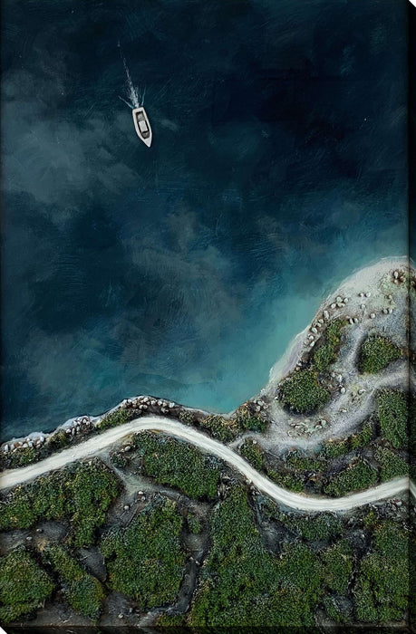 Coastal Passage I Hand-Painted Wrapped Canvas With Faux Moss - Blue / Green
