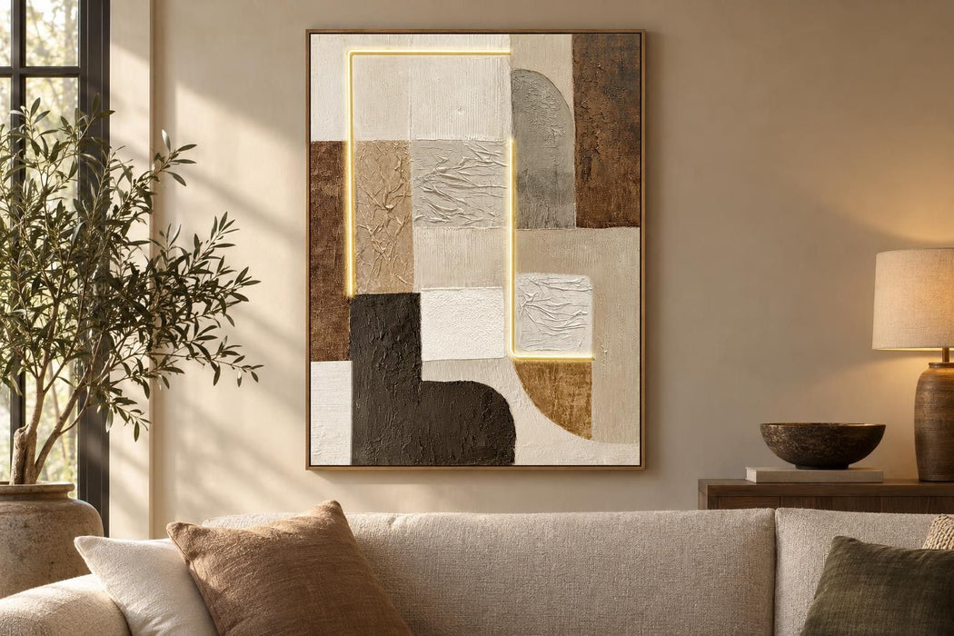 Earthen Circuit I - 35 X 47 - Hand-Embellished Neon Canvas In Frame - Beige