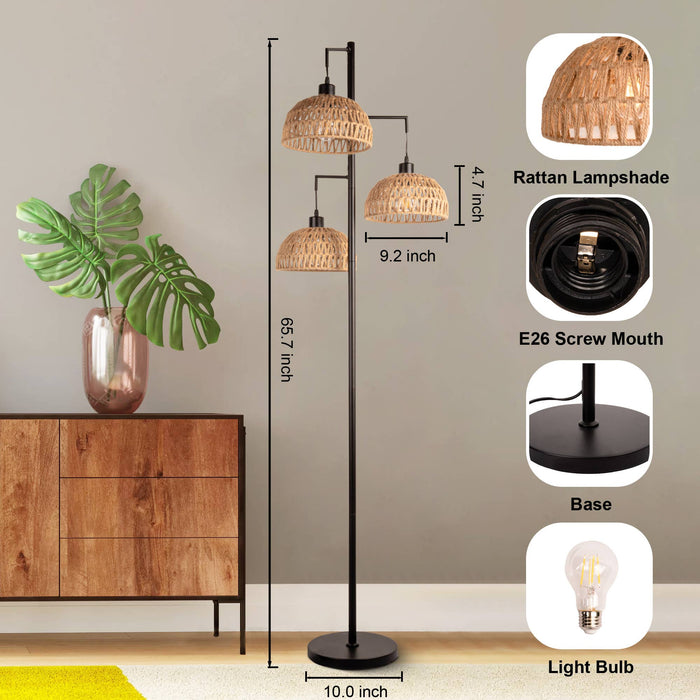 Bohemian Rattan Floor Lamp with 3 Lights: Bowl