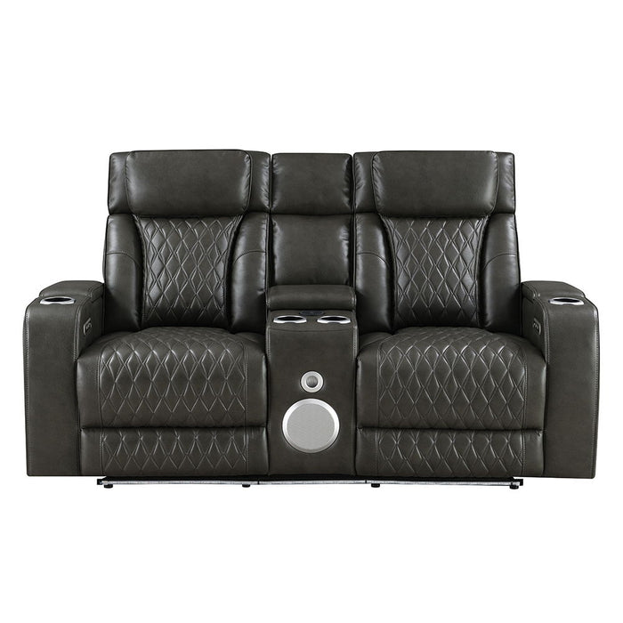 Taddeo - Power Motion Loveseat With Console, Speaker, USB, Wireless Charger & LED - Dark Gray