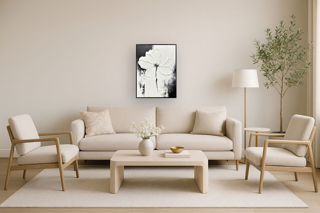 "Monochrome Blossom" Hand-Painted Canvas In Frame - Black / White