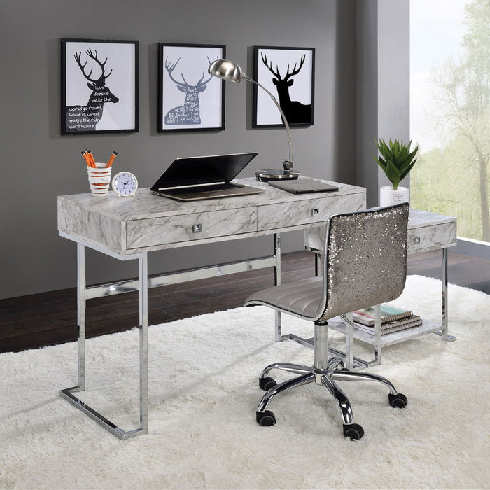 Tigress - Writing Desk - White Printed Faux Marble Top & Chrome