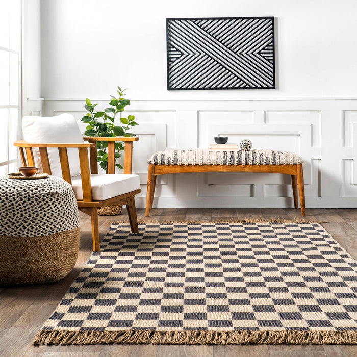 Connie Checkered Wool/Jute Tasseled Area Rug: Gray / Rectangle / 6' x 9'