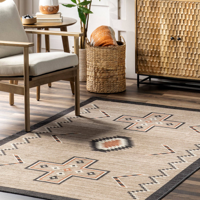 Colbie Tribal Machine Washable Area Rug: Ivory / Rectangle / 5' x 8'