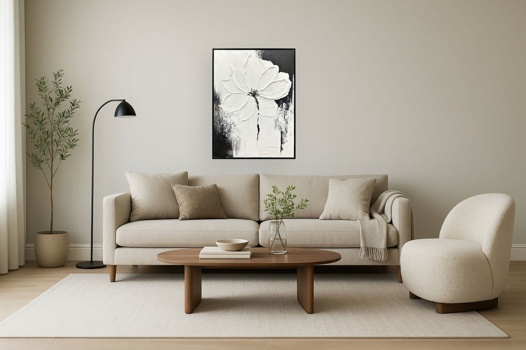 "Ethereal Blossom II" Hand-Painted Canvas In Frame - White / Black