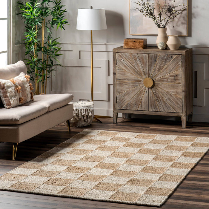 Christana Traditional Checkered Jute Area Rug: Ivory / Rectangle / 6' x 9'