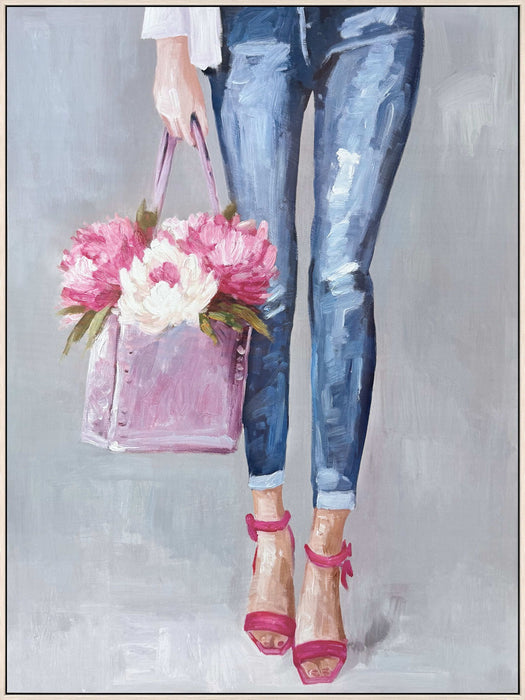 Denim And Peonies I - 36 X 48 - Hand-Embellished Canvas In Frame - Blue