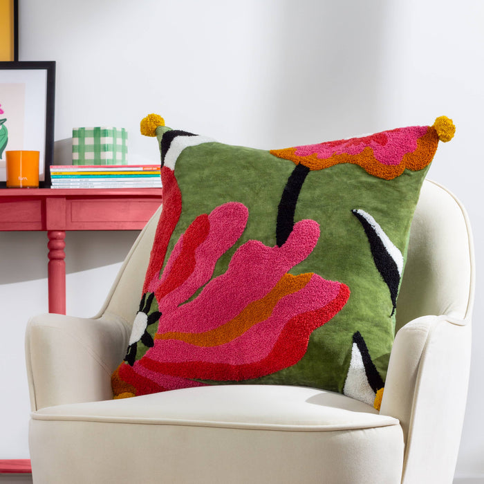 Poppy Cushion Khaki/Pink: Khaki/Pink / Feather Filled / 50 x 50cm