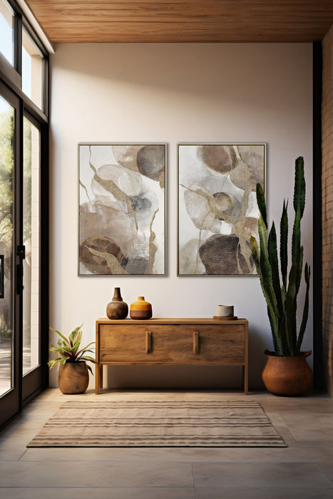 "Ethereal Whispers II" Hand-Embellished Canvas In Frame - Beige / Brown / Gold