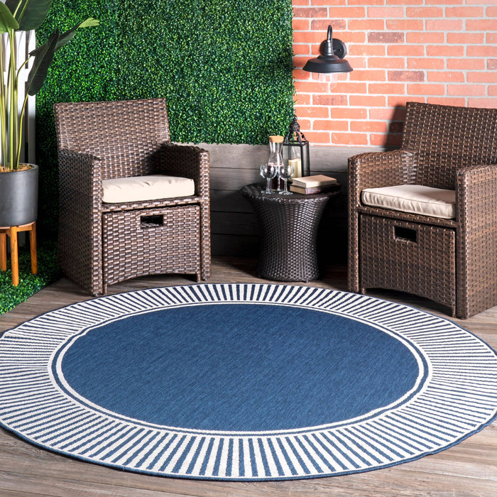Asha Simple Border Indoor/Outdoor Area Rug: Navy / Round / 6' 7"