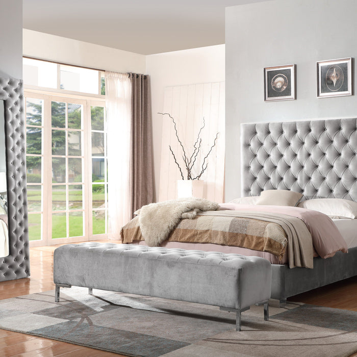 Lacey - King Upholstered Bed With Velvet-Like Fabric, Chrome Trim, Button Tufted Headboard, And Platform-Style Base - Silver Gray