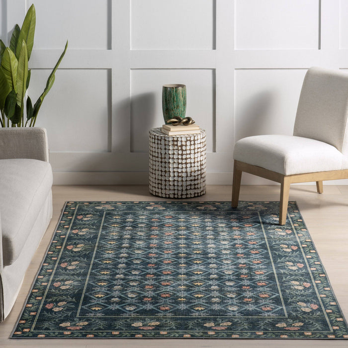 NuLOOM Valley Floral Washable Area Rug: Teal / Rectangle / 5' x 8'