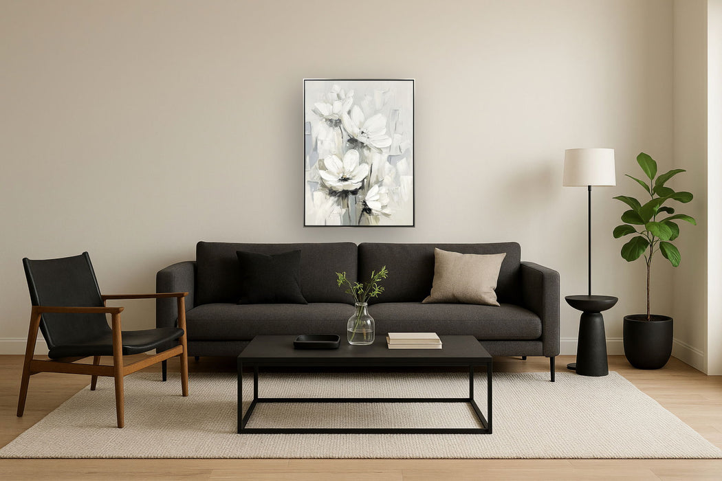 "Whispering Blooms I" Hand-Embellished Canvas In Frame - White / Gray / Black
