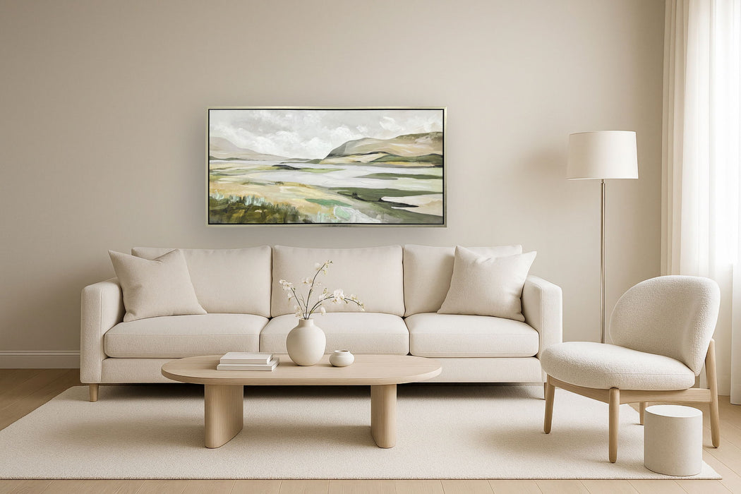 "Serene Landscape" Hand-Embellished Canvas In Frame - Muted Greens / Soft Earth Tones