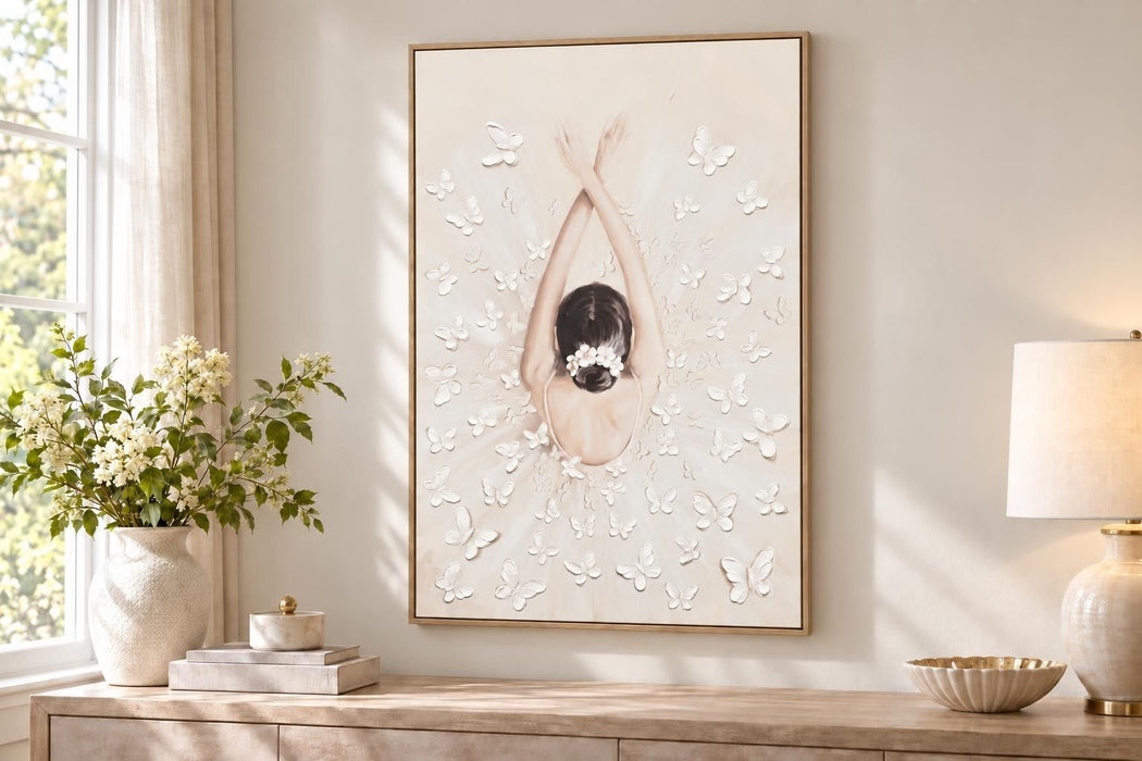 Butterfly Ballet - 32 X 47 - Hand-Embellished Canvas In Frame - Cream, White, Blush