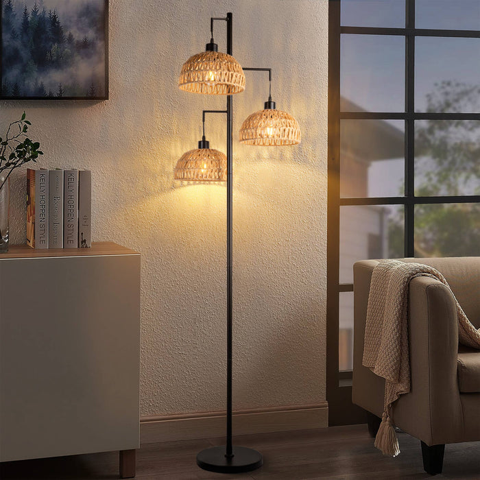 Bohemian Rattan Floor Lamp with 3 Lights: Bowl