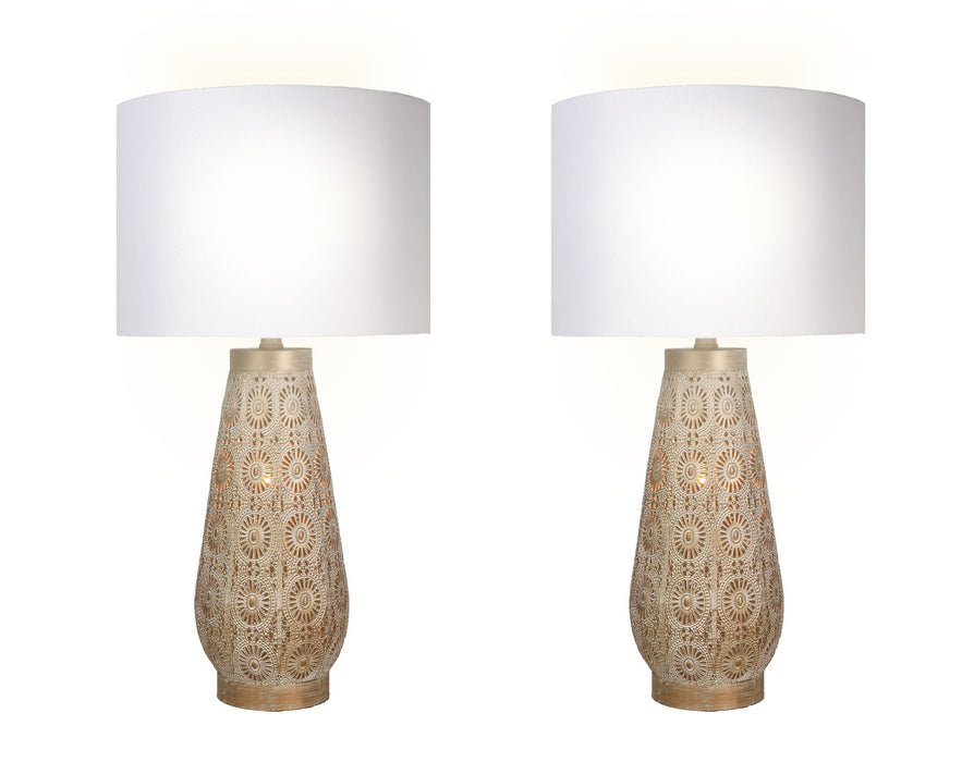 "Celestial Carve" Laser Cut Metal Table Lamp With Night Light (Set of 2) - Distressed White / Distressed Tan