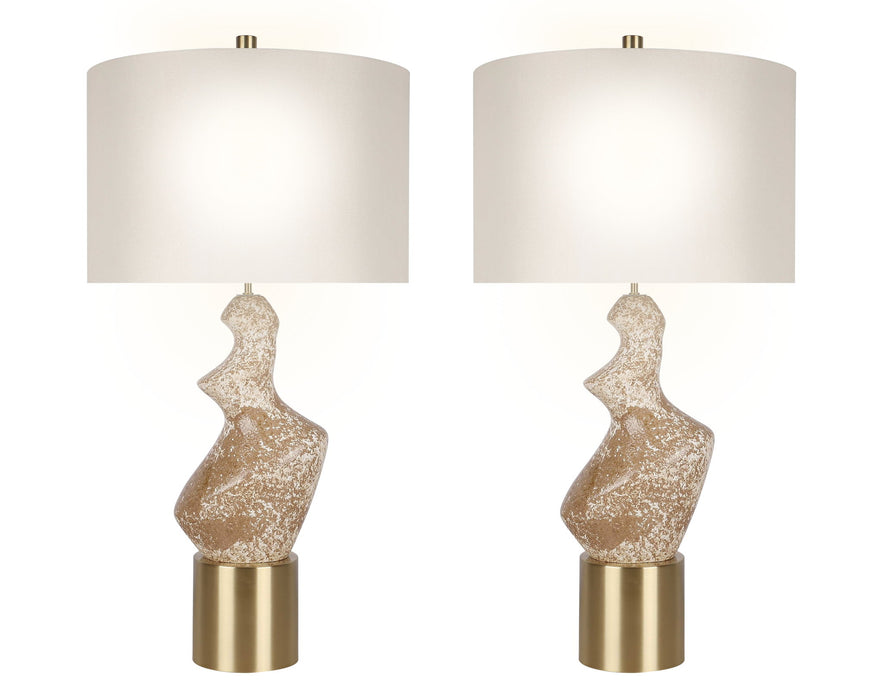 "Sculptural Serenity" Ceramic Table Lamp (Set of 2) - Stone / Soft Gold