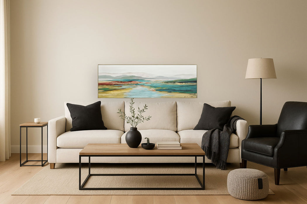 Sunlit Aqua Pass - 20" x 60" Framed Wall Art - Beige
