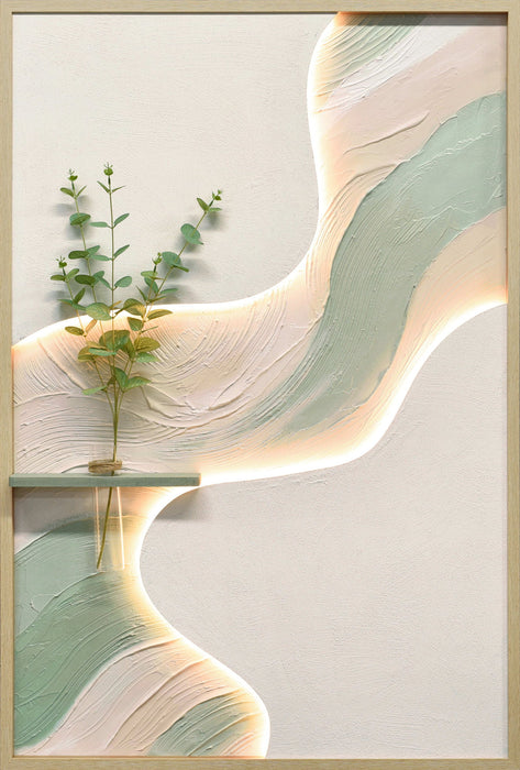 Sage Ribbon II - 33 X 48 - Hand-Painted Neon Canvas In Frame - White