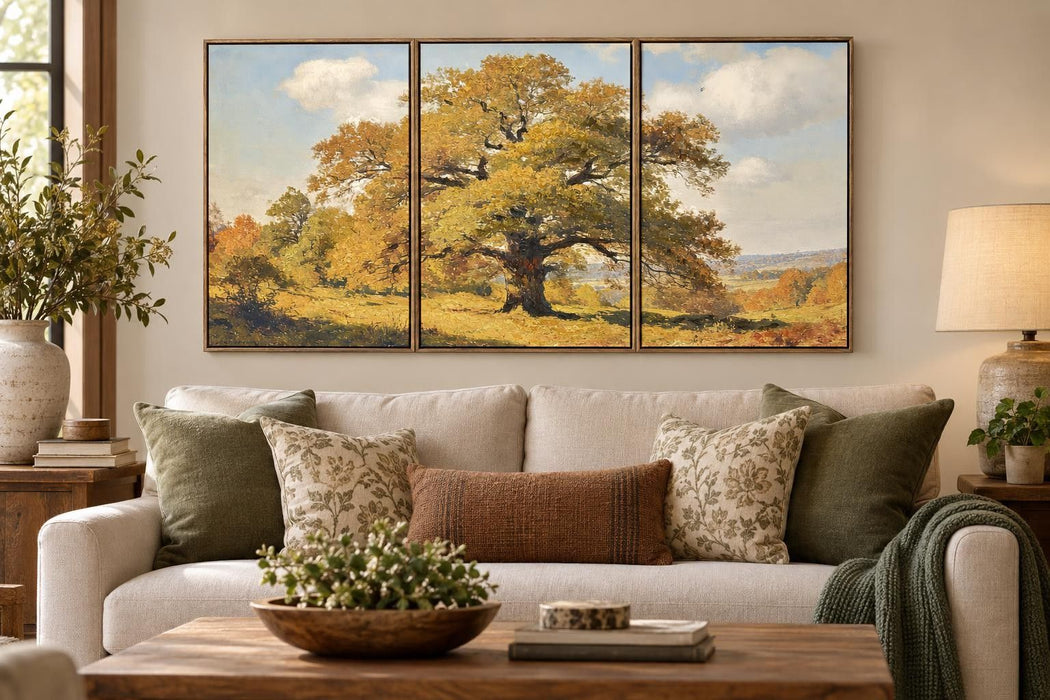 Beneath The Amber Boughs - 24 X 30 - Hand-Embellished Canvas Triptych In - Gold, Green, Pale Blue