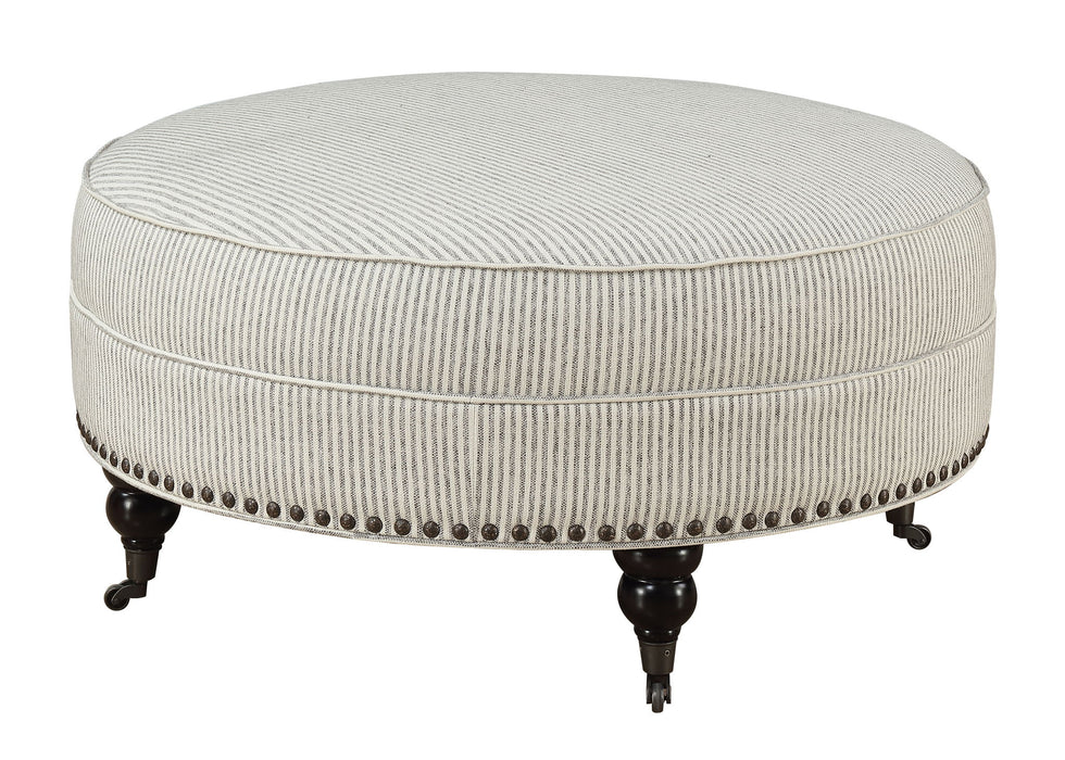 Willow Creek - Round Ottoman With Turned Feet, Nailhead Trim, And Seam Welting - Pebble Gray Stripe