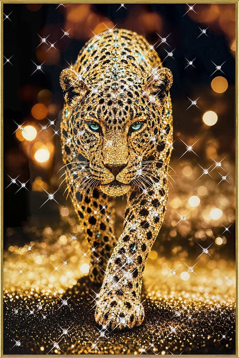 Gilded Leopard Stride - 32 X 47 - Gloss With Foil & Rocks In Frame - Gold, Black