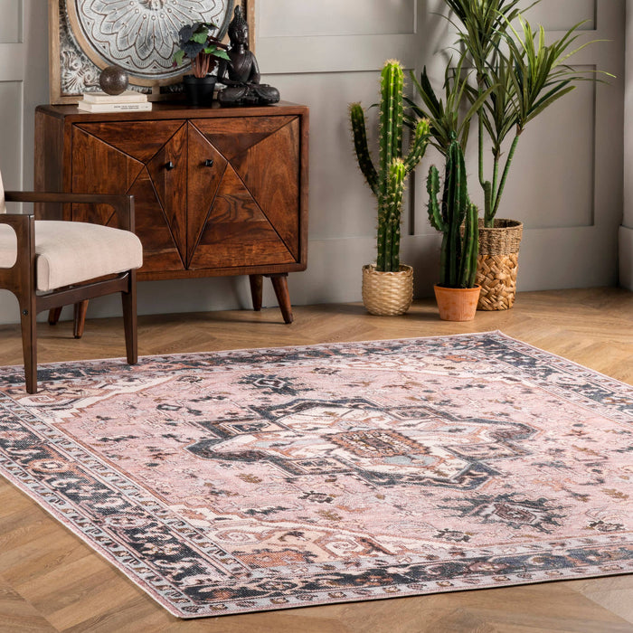 Sasha Machine Washable Medallion Area Rug: Pink / Rectangle / 5' x 8'