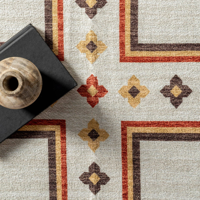 Colbie Tribal Machine Washable Area Rug: Ivory / Rectangle / 5' x 8'