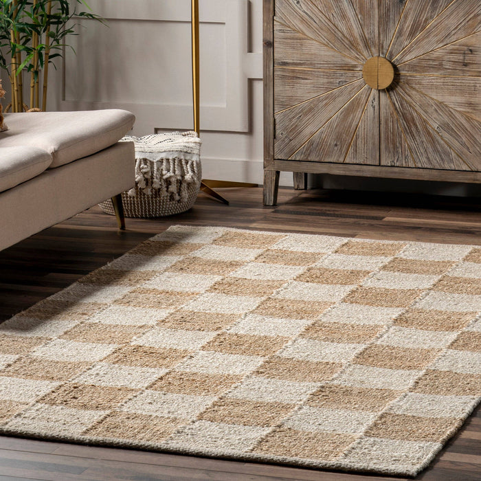 Christana Traditional Checkered Jute Area Rug: Ivory / Rectangle / 6' x 9'