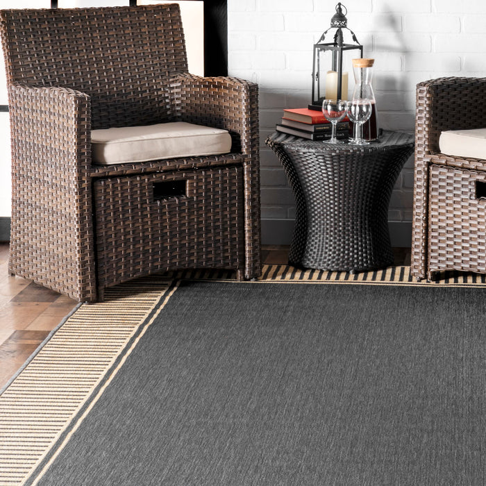 Asha Simple Border Indoor/Outdoor Area Rug: Dark Grey / Runner / 2' x 8'