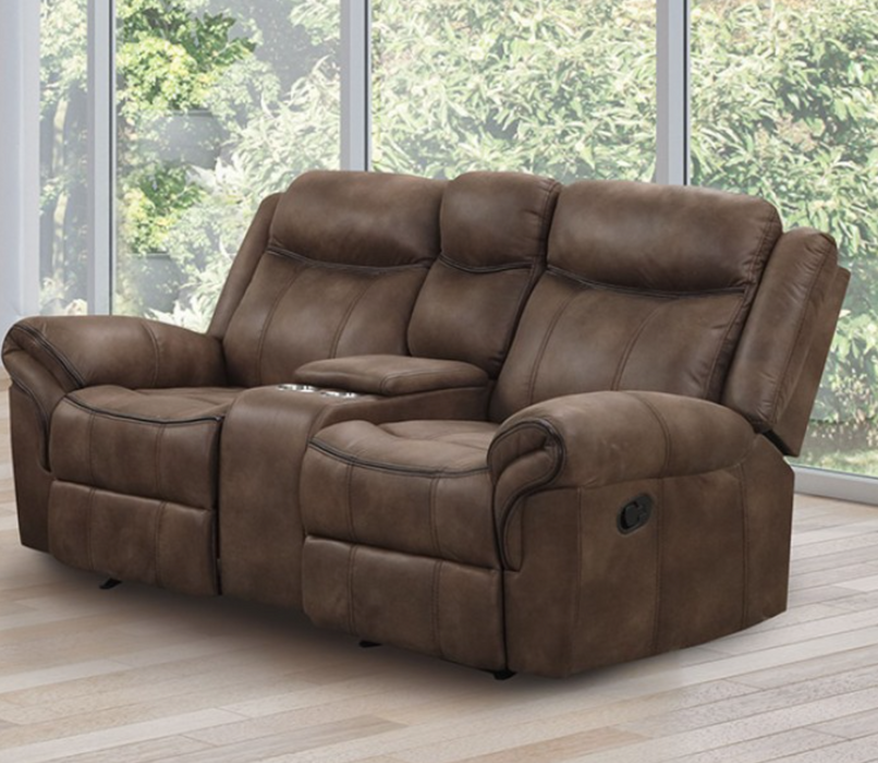Agata brown glider recliner loveseat with center storage console and cupholders