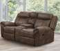 Agata brown glider recliner loveseat with center storage console and cupholders